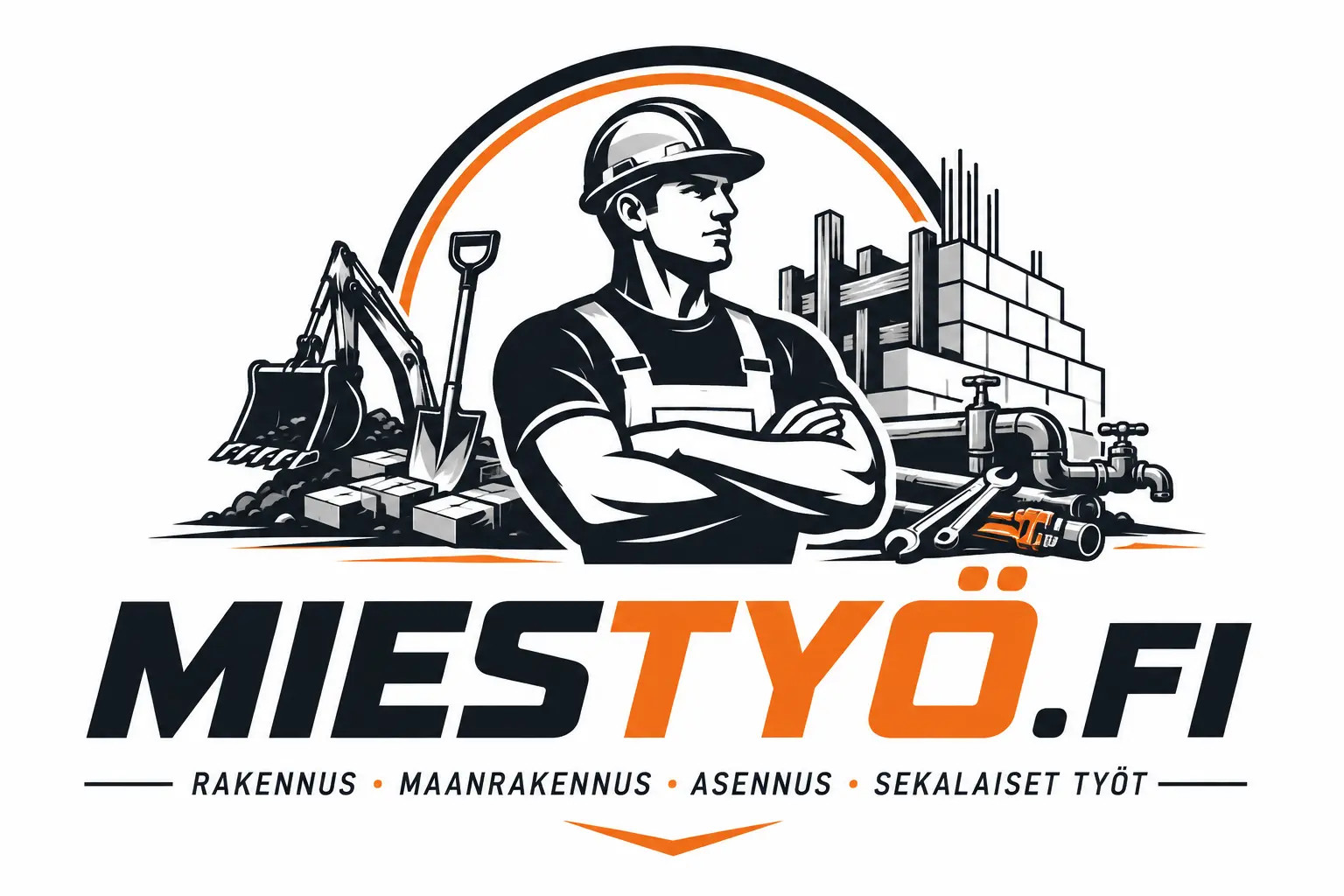 Rakennusalan logo: kypäröity työntekijä, nosturi ja kaupunkimaisema, teksti “MIESTYÖ.FI”.