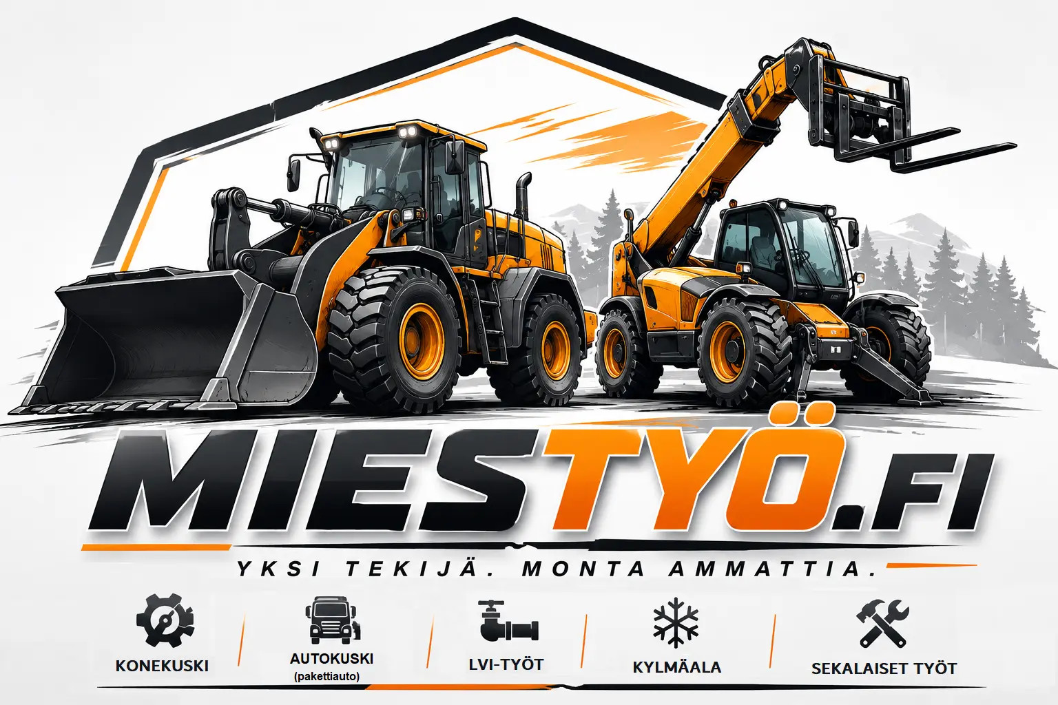 Oranssit kurottaja ja pyöräkuormaaja lumimaisemassa, taustalla vuoria, teksti “MIESTYÖ.FI”.