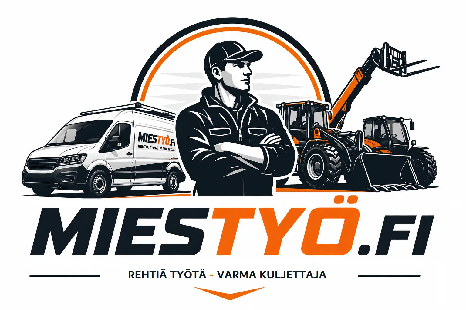 Mustavalkoinen maskuliininen työntekijä, taustalla kurottaja ja pyöräkone, teksti “MIESTYÖ.FI”.