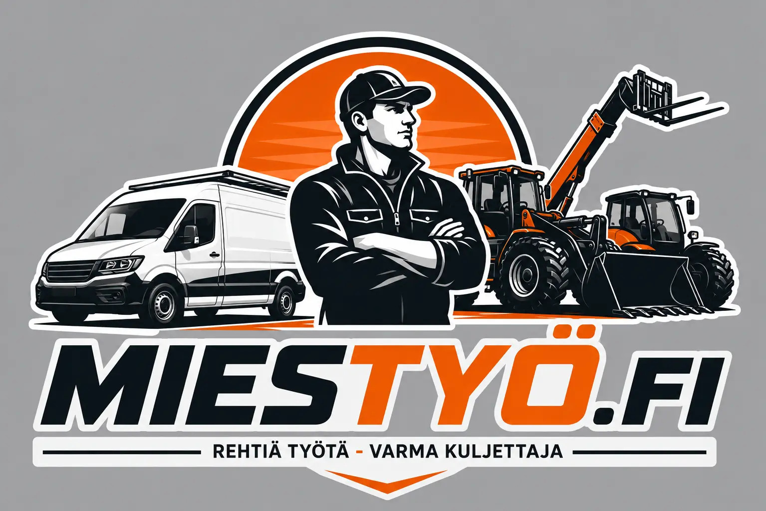 Mustapukuinen mieshahmo, valkoinen pakettiauto ja oranssi traktori, teksti “MIESTYÖ.FI” taustalla.