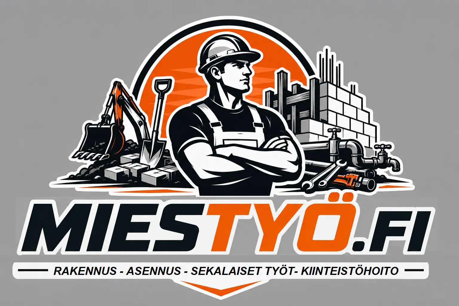 Työmies-hahmo, tehtaan tausta ja oranssi logo, teksti “MIESTYÖ.FI” sekä iskulause.