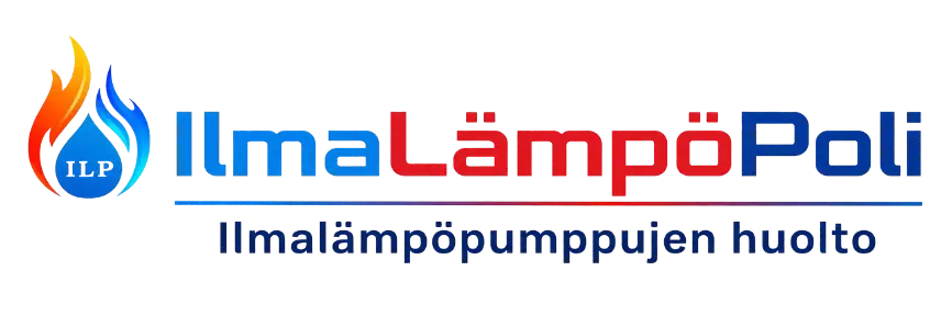 IlmaLämpöpoli-logo: liekkikuvio ja sinipunainen teksti sekä iskulause “Ilmalämpöpumppujen huolto”.