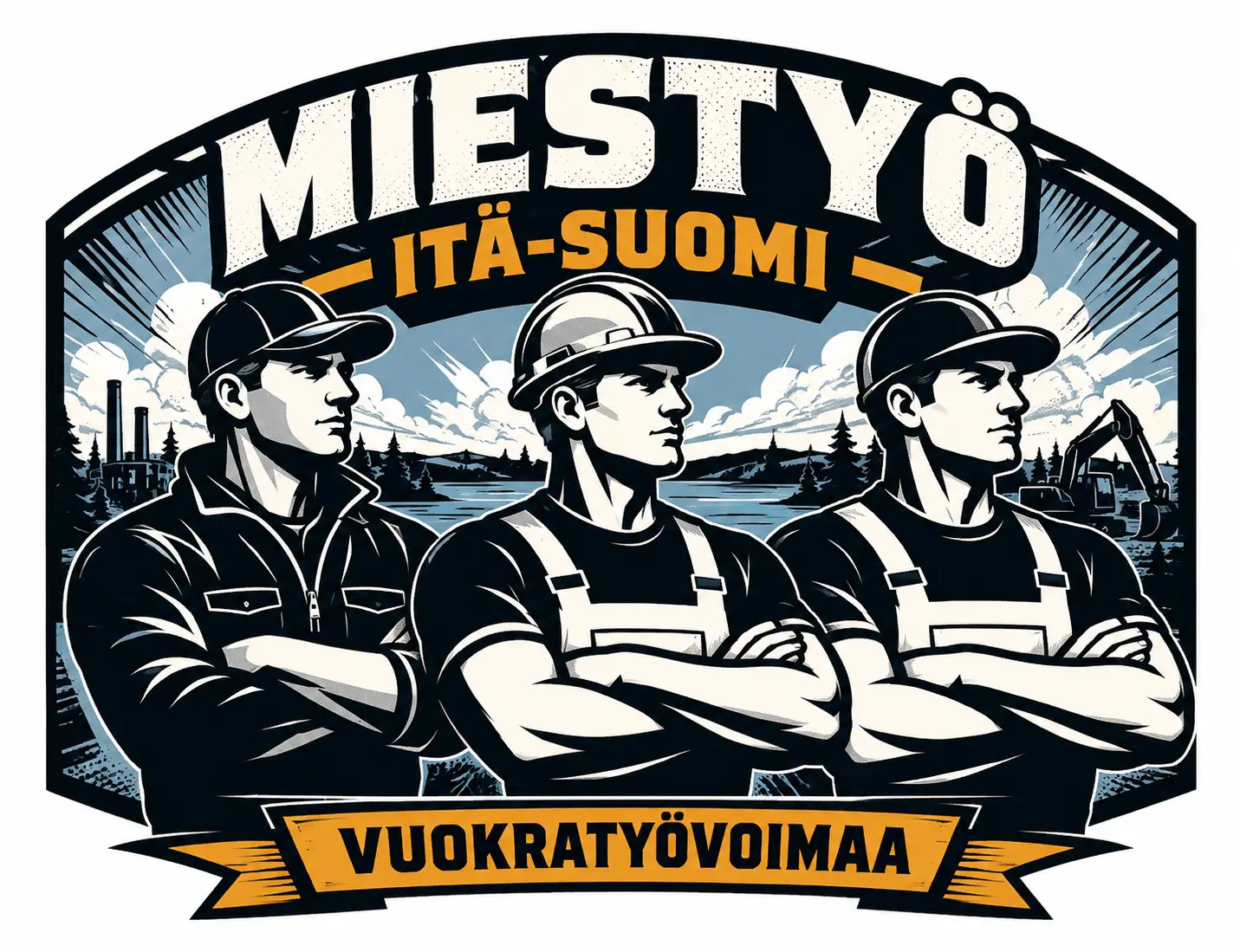 Oranssit kurottaja ja pyöräkuormaaja lumimaisemassa, taustalla vuoria, teksti “MIESTYÖ.FI”.