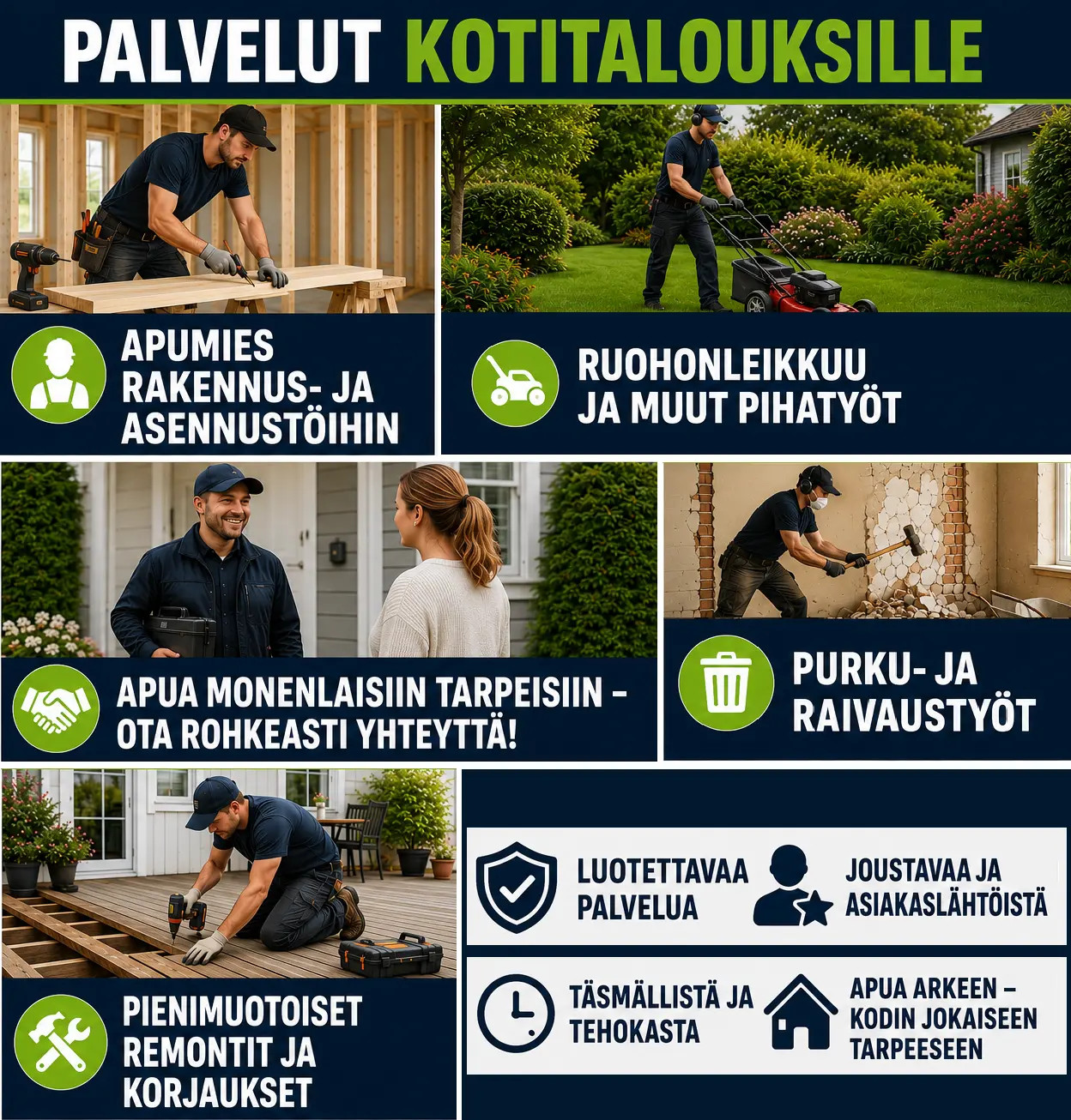 Mainoskuvassa palveluita: puuseppä, ruohonleikkuri, avustaja, purku, remontti ja asiakastyytyväisyys, tekstit ja ikonit.