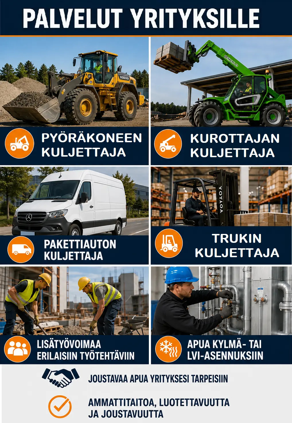 Mainoskuvasto: pyöräkuormaaja, kurottaja, pakettiauto, trukkikuski, rakennustyöntekijät ja LVI-asentaja.