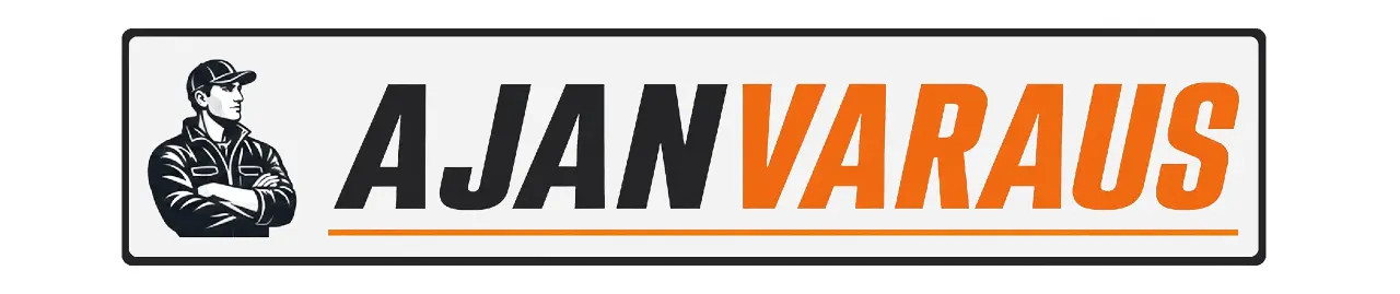 Mustavalkoinen työmies-hahmo ja teksti “AJANVARAUS” oranssilla ja mustalla logokyltissä.