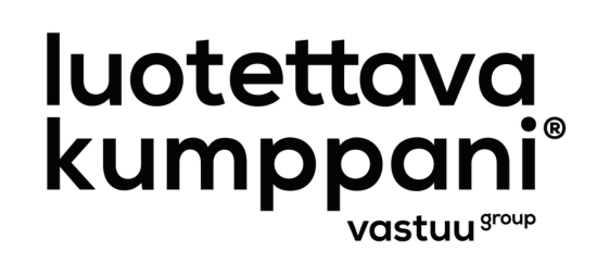 Mustavalkoinen logo, jossa teksti “luotettava kumppani” ja “vastuu group” valkoisella taustalla.